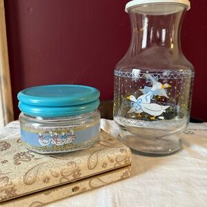 Vintage Country Geese Glass Carafe  Pitcher and Storage jar Set Blue Accents